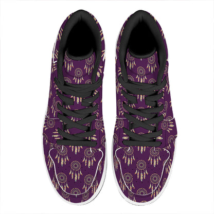 Purple Boho Dream Catcher Pattern Print High Top Leather Sneakers