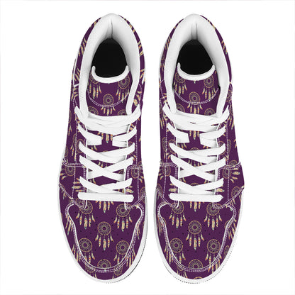 Purple Boho Dream Catcher Pattern Print High Top Leather Sneakers