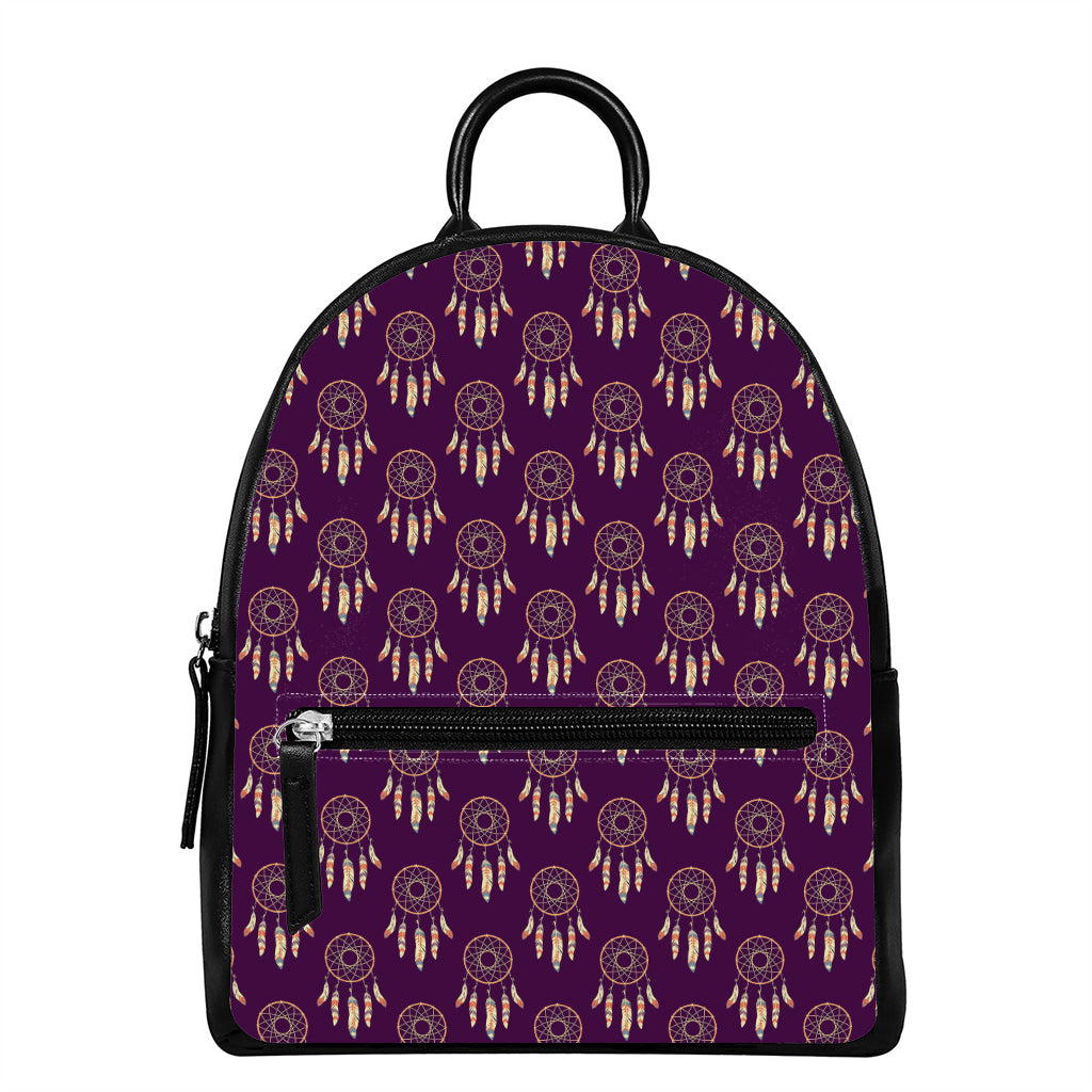 Purple Boho Dream Catcher Pattern Print Leather Backpack