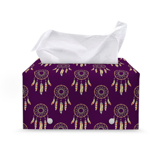 Purple Boho Dream Catcher Pattern Print Leather Tissue Box Cover