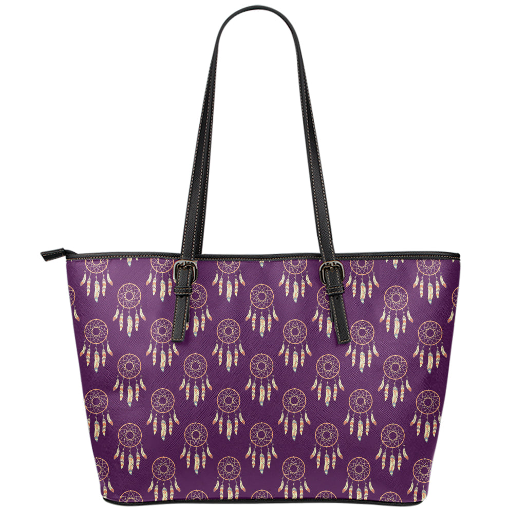 Purple Boho Dream Catcher Pattern Print Leather Tote Bag