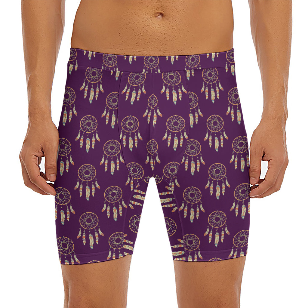 Purple Boho Dream Catcher Pattern Print Men's Long Boxer Briefs