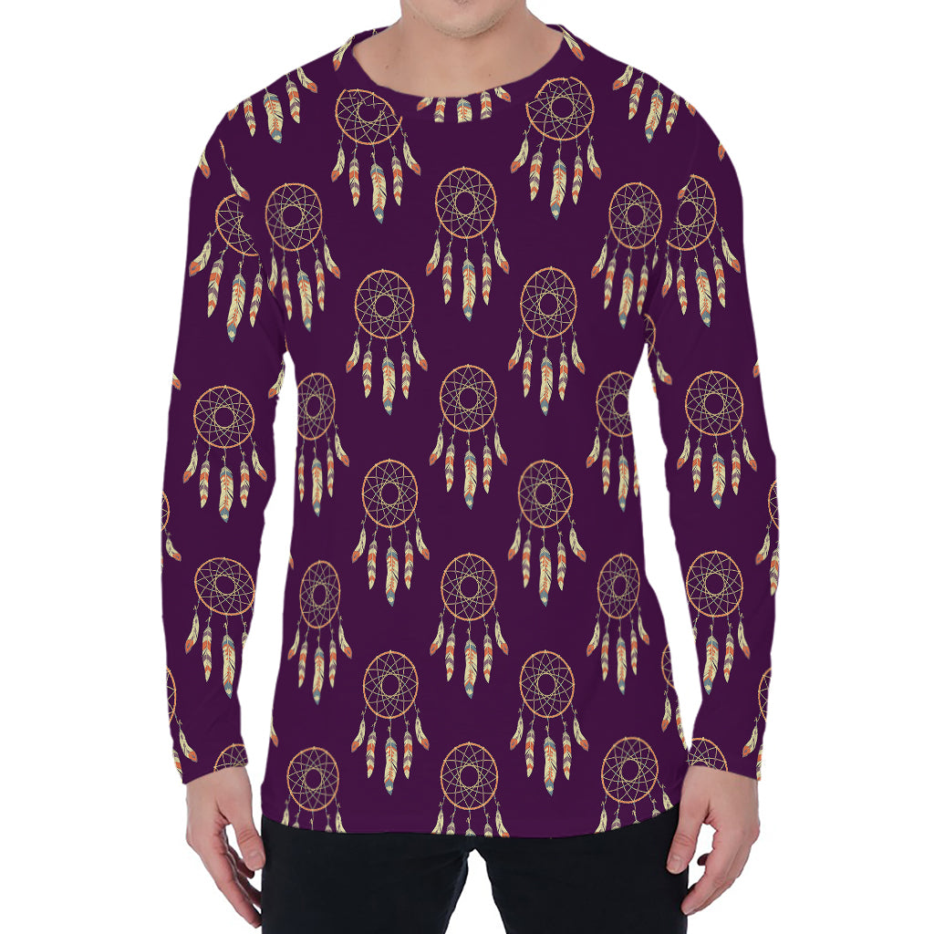 Purple Boho Dream Catcher Pattern Print Men's Long Sleeve T-Shirt