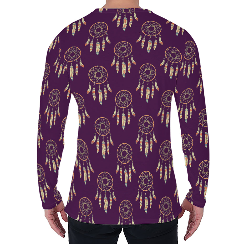 Purple Boho Dream Catcher Pattern Print Men's Long Sleeve T-Shirt