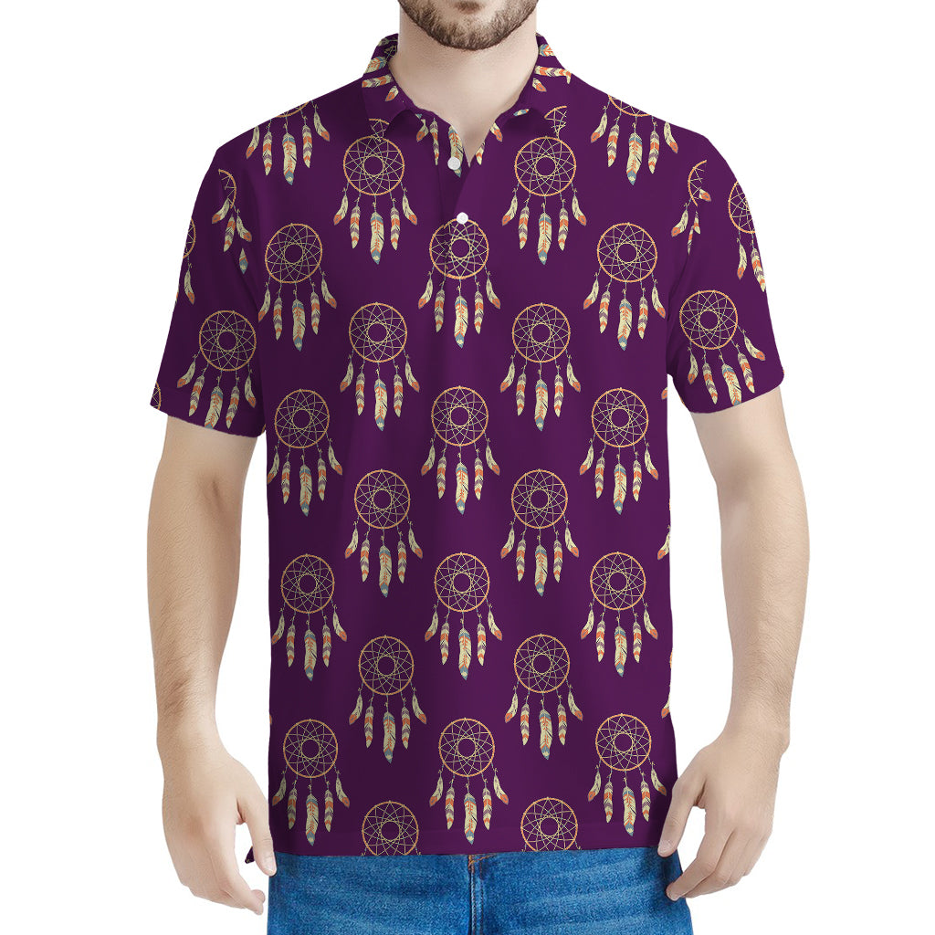 Purple Boho Dream Catcher Pattern Print Men's Polo Shirt