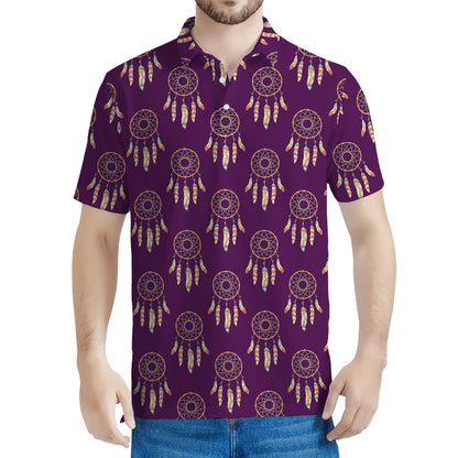 Purple Boho Dream Catcher Pattern Print Men's Polo Shirt