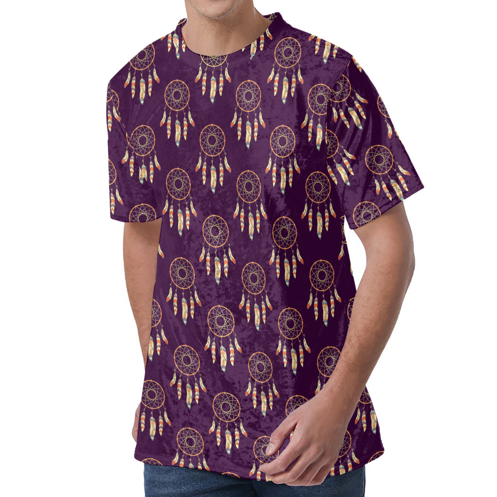Purple Boho Dream Catcher Pattern Print Men's Velvet T-Shirt