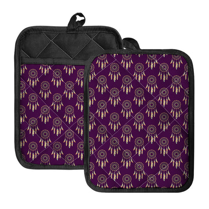 Purple Boho Dream Catcher Pattern Print Pot Holders With Pocket
