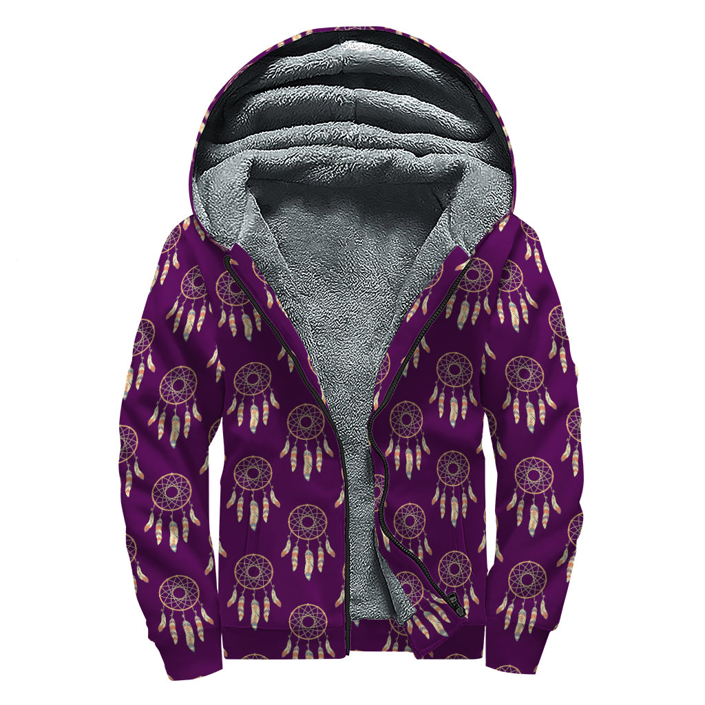 Purple Boho Dream Catcher Pattern Print Sherpa Lined Zip Up Hoodie