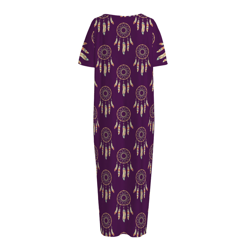 Purple Boho Dream Catcher Pattern Print Short Sleeve Long Nightdress
