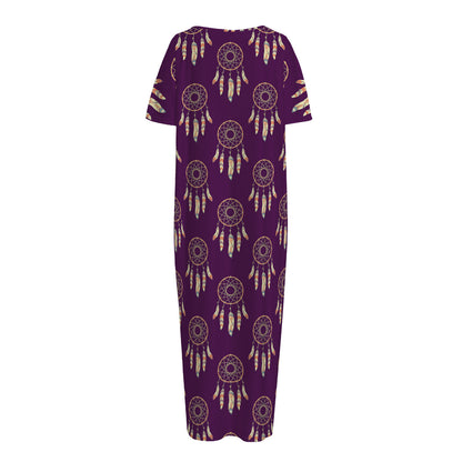 Purple Boho Dream Catcher Pattern Print Short Sleeve Long Nightdress