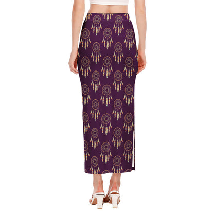 Purple Boho Dream Catcher Pattern Print Side Slit Maxi Skirt