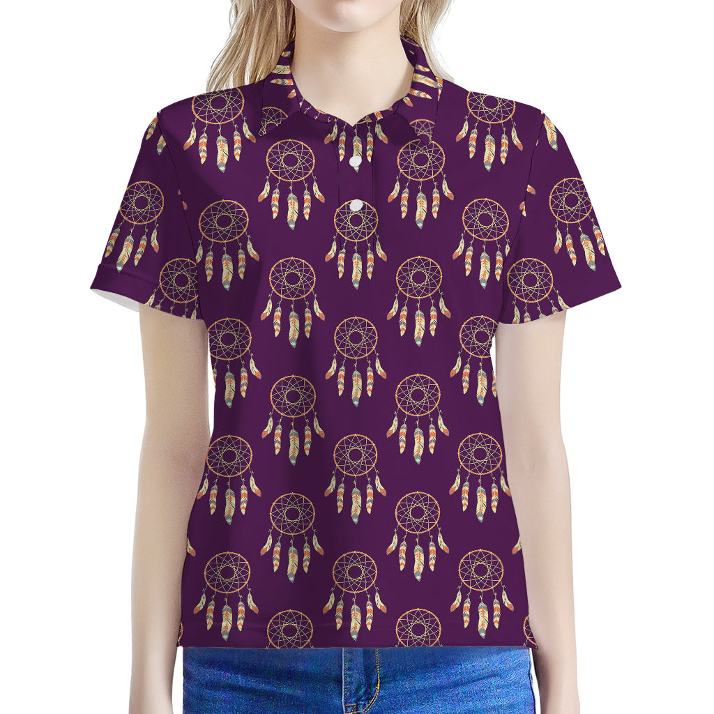 Purple Boho Dream Catcher Pattern Print Women's Polo Shirt