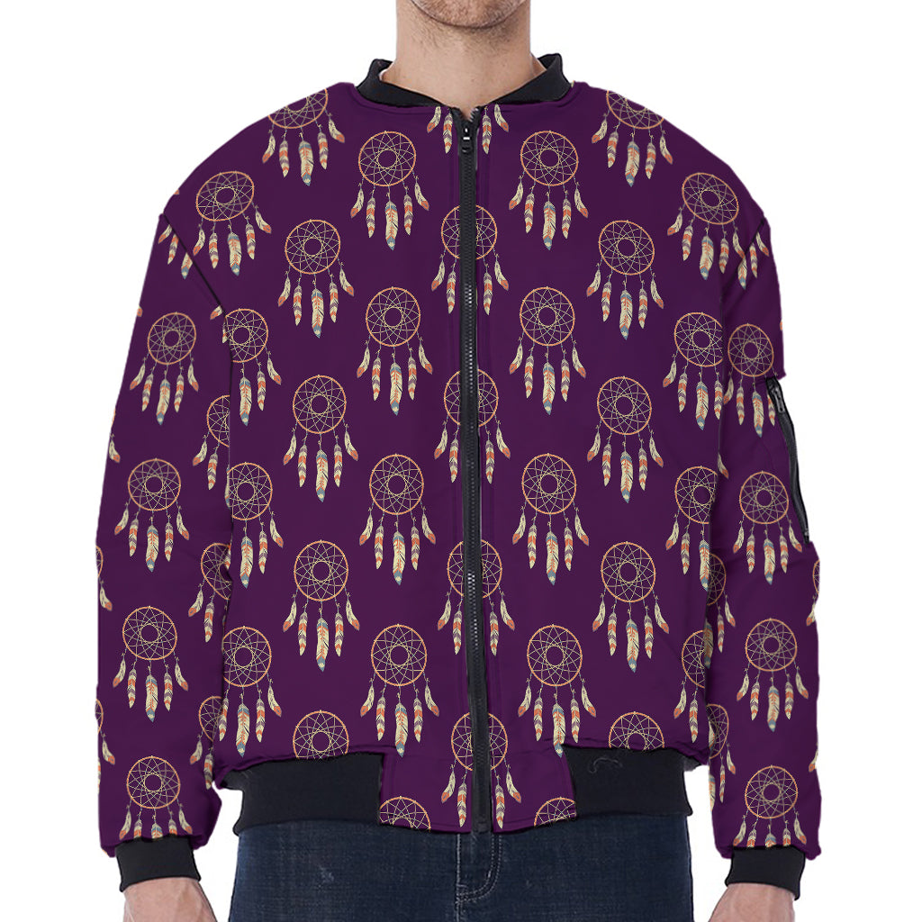 Purple Boho Dream Catcher Pattern Print Zip Sleeve Bomber Jacket