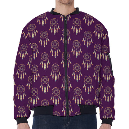 Purple Boho Dream Catcher Pattern Print Zip Sleeve Bomber Jacket