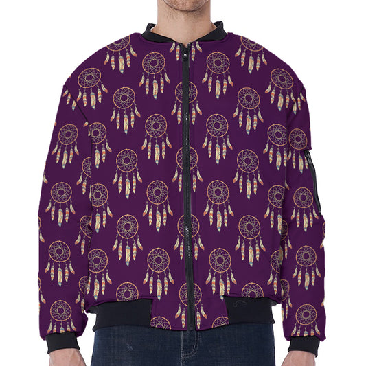 Purple Boho Dream Catcher Pattern Print Zip Sleeve Bomber Jacket