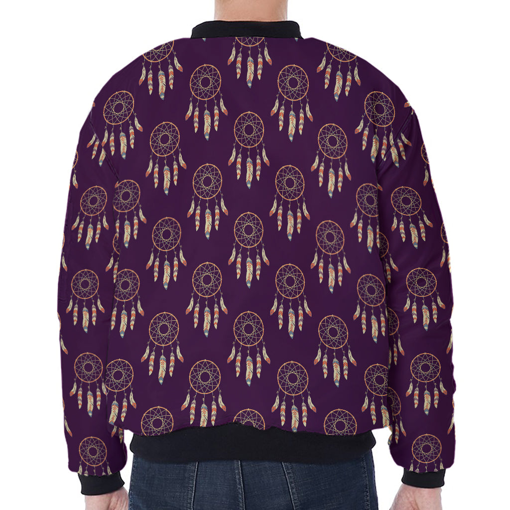 Purple Boho Dream Catcher Pattern Print Zip Sleeve Bomber Jacket