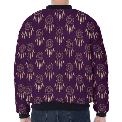 Purple Boho Dream Catcher Pattern Print Zip Sleeve Bomber Jacket