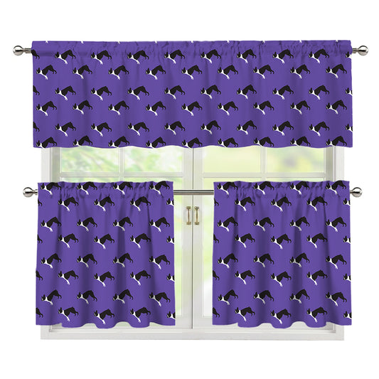 Purple Boston Terrier Pattern Print 3 Piece Kitchen Curtains