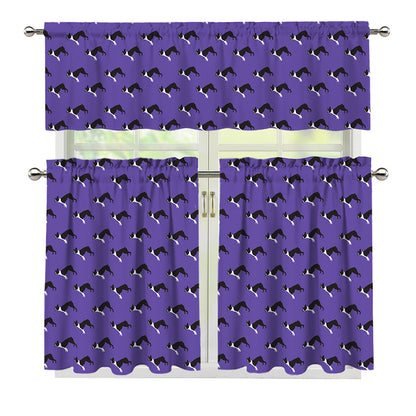 Purple Boston Terrier Pattern Print 3 Piece Kitchen Curtains