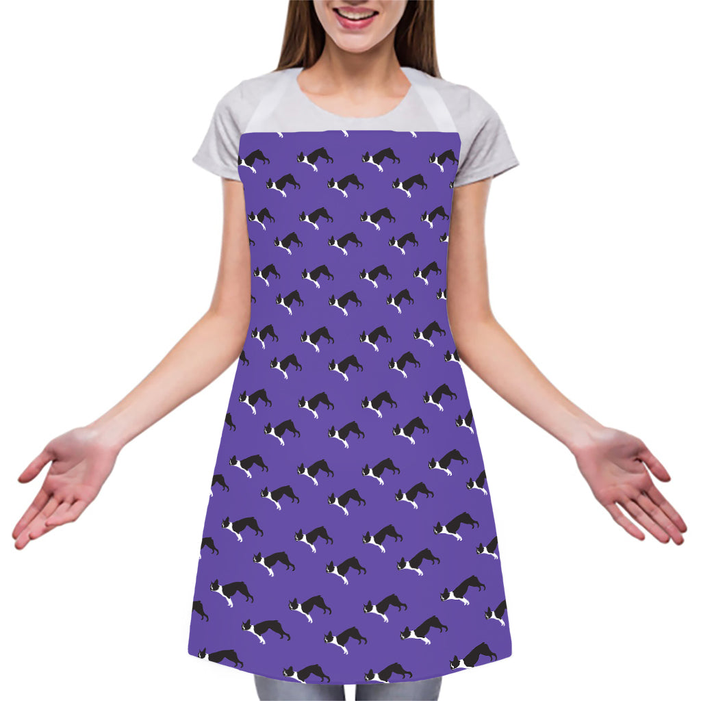 Purple Boston Terrier Pattern Print Adjustable Apron