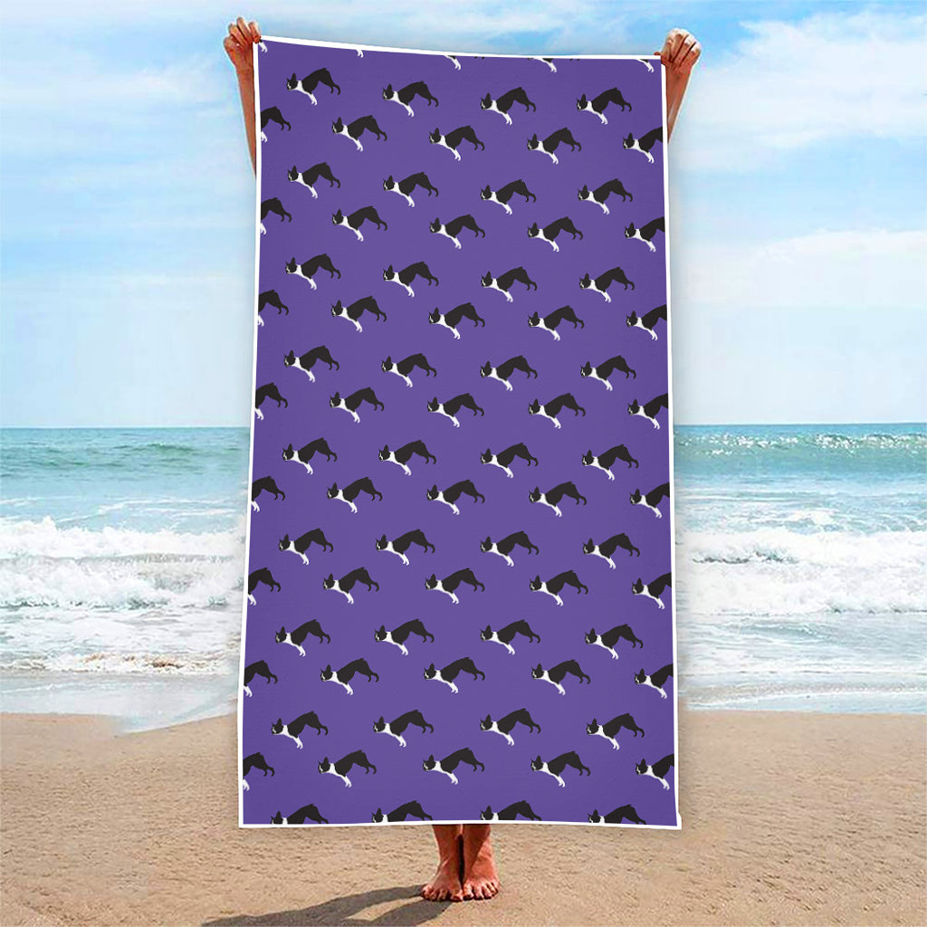 Purple Boston Terrier Pattern Print Beach Towel