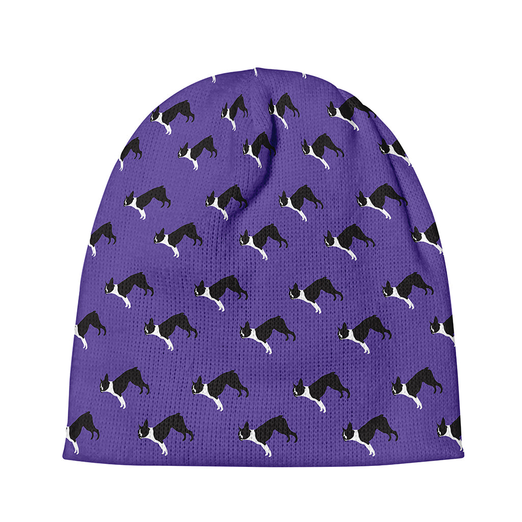 Purple Boston Terrier Pattern Print Beanie