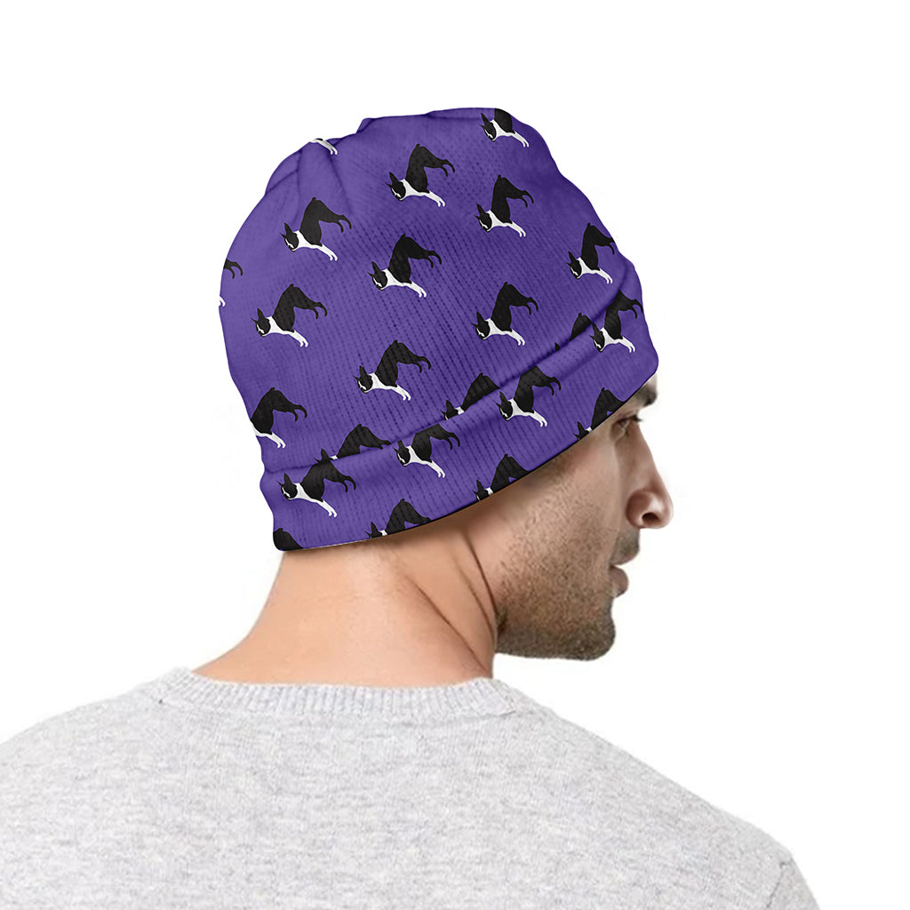 Purple Boston Terrier Pattern Print Beanie