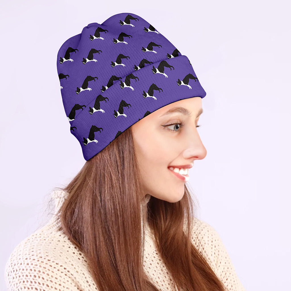 Purple Boston Terrier Pattern Print Beanie