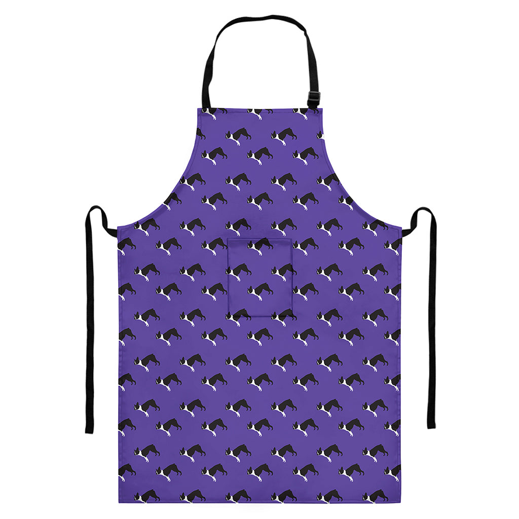 Purple Boston Terrier Pattern Print Bib Apron With Pocket