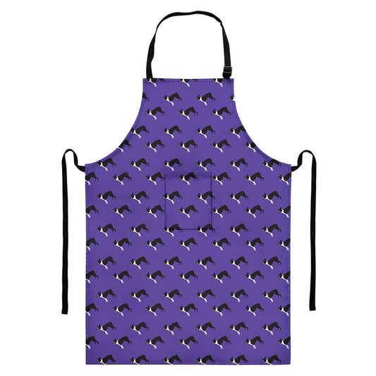 Purple Boston Terrier Pattern Print Bib Apron With Pocket
