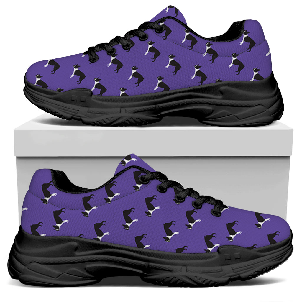 Purple Boston Terrier Pattern Print Black Chunky Shoes