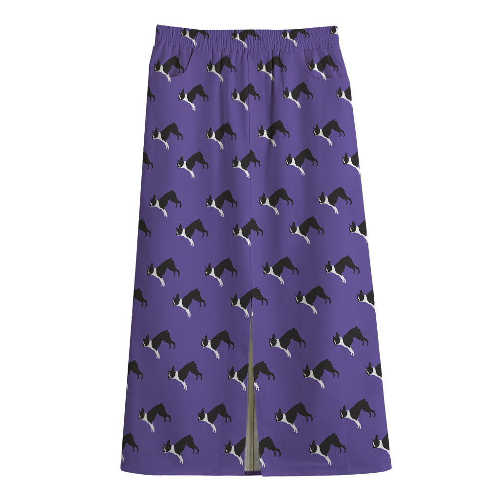 Purple Boston Terrier Pattern Print Cotton Front Slit Maxi Skirt