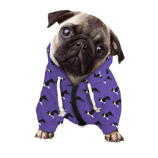 Purple Boston Terrier Pattern Print Dog Zip Up Hoodie
