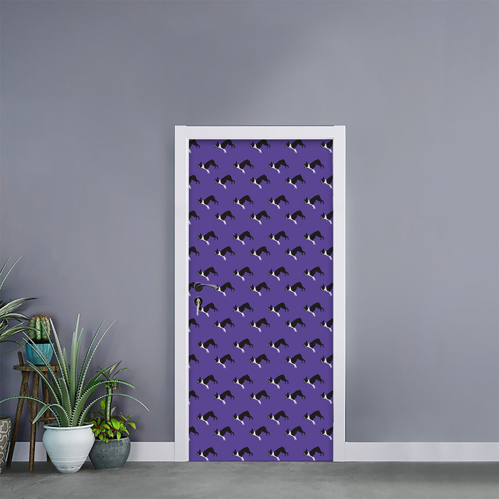 Purple Boston Terrier Pattern Print Door Sticker