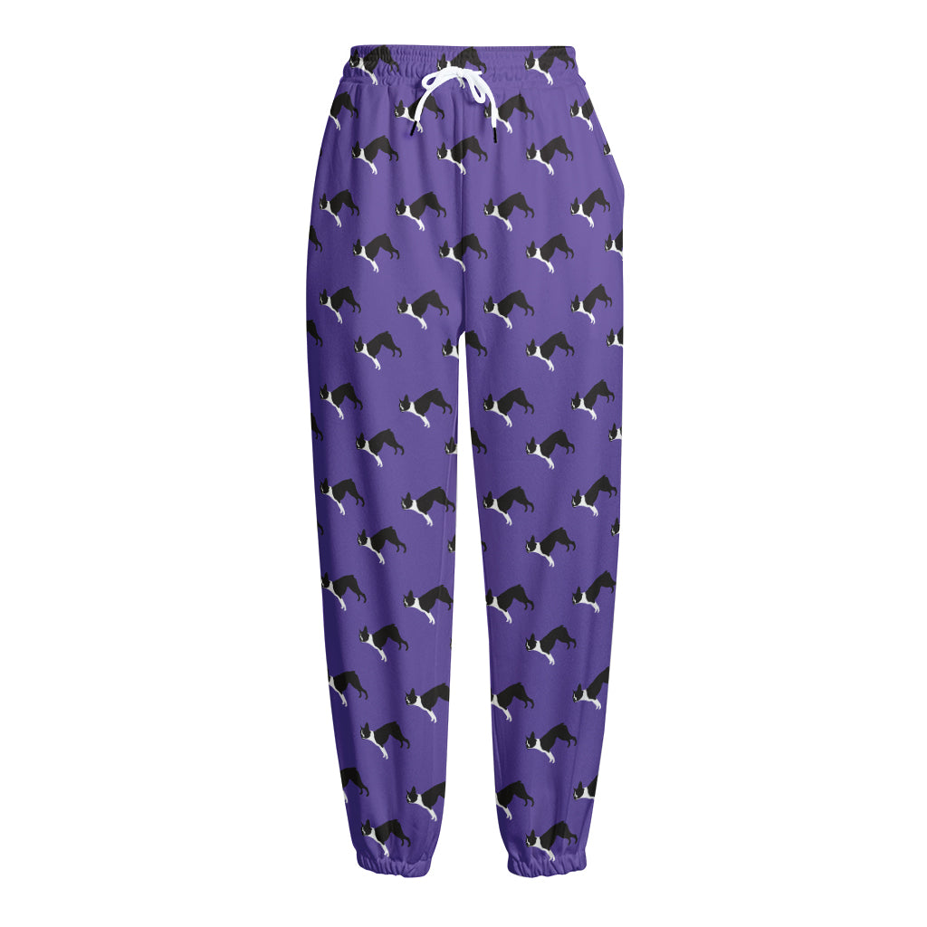 Purple Boston Terrier Pattern Print Fleece Lined Knit Pants