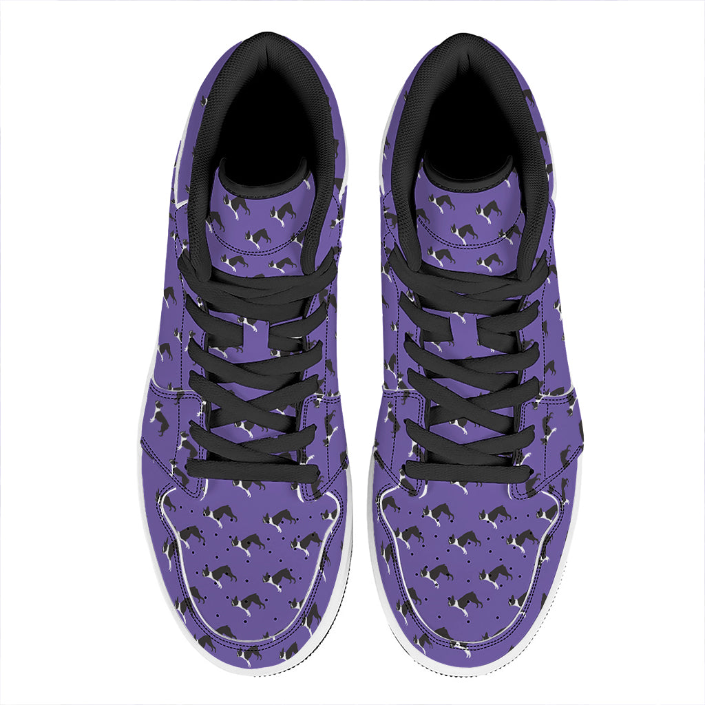 Purple Boston Terrier Pattern Print High Top Leather Sneakers