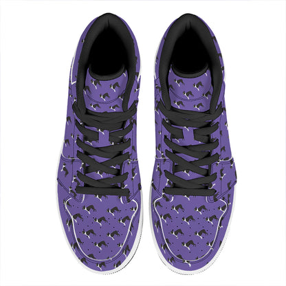 Purple Boston Terrier Pattern Print High Top Leather Sneakers