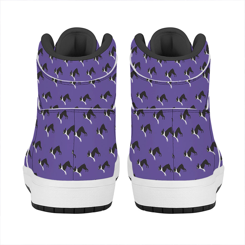 Purple Boston Terrier Pattern Print High Top Leather Sneakers