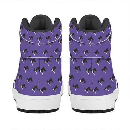 Purple Boston Terrier Pattern Print High Top Leather Sneakers