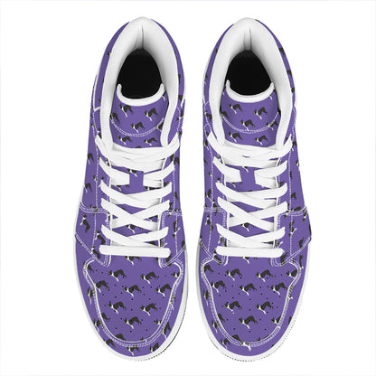 Purple Boston Terrier Pattern Print High Top Leather Sneakers