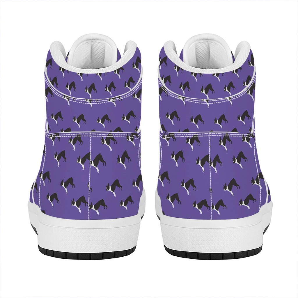 Purple Boston Terrier Pattern Print High Top Leather Sneakers