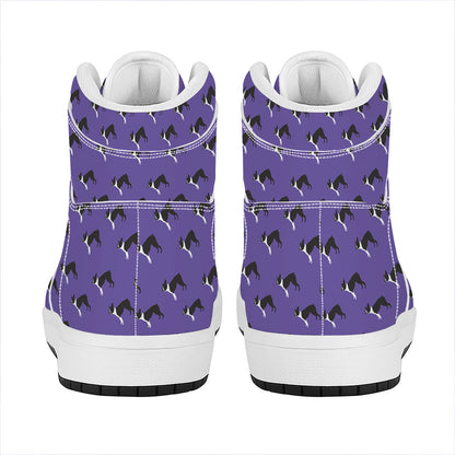 Purple Boston Terrier Pattern Print High Top Leather Sneakers