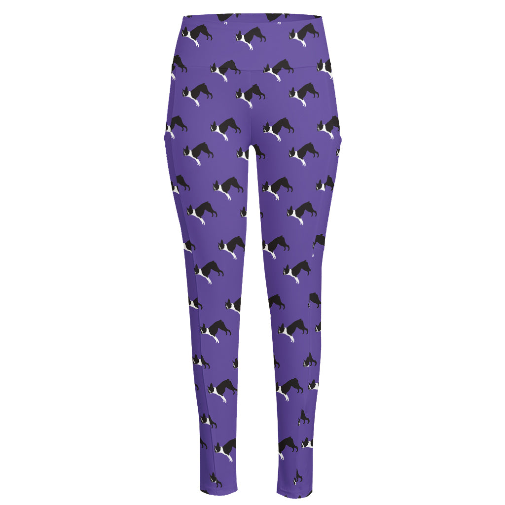 Purple Boston Terrier Pattern Print High-Waisted Pocket Leggings