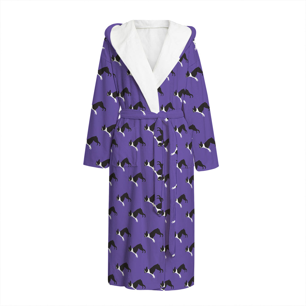 Purple Boston Terrier Pattern Print Hooded Bathrobe