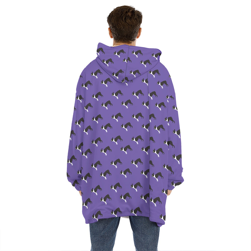 Purple Boston Terrier Pattern Print Hoodie Blanket