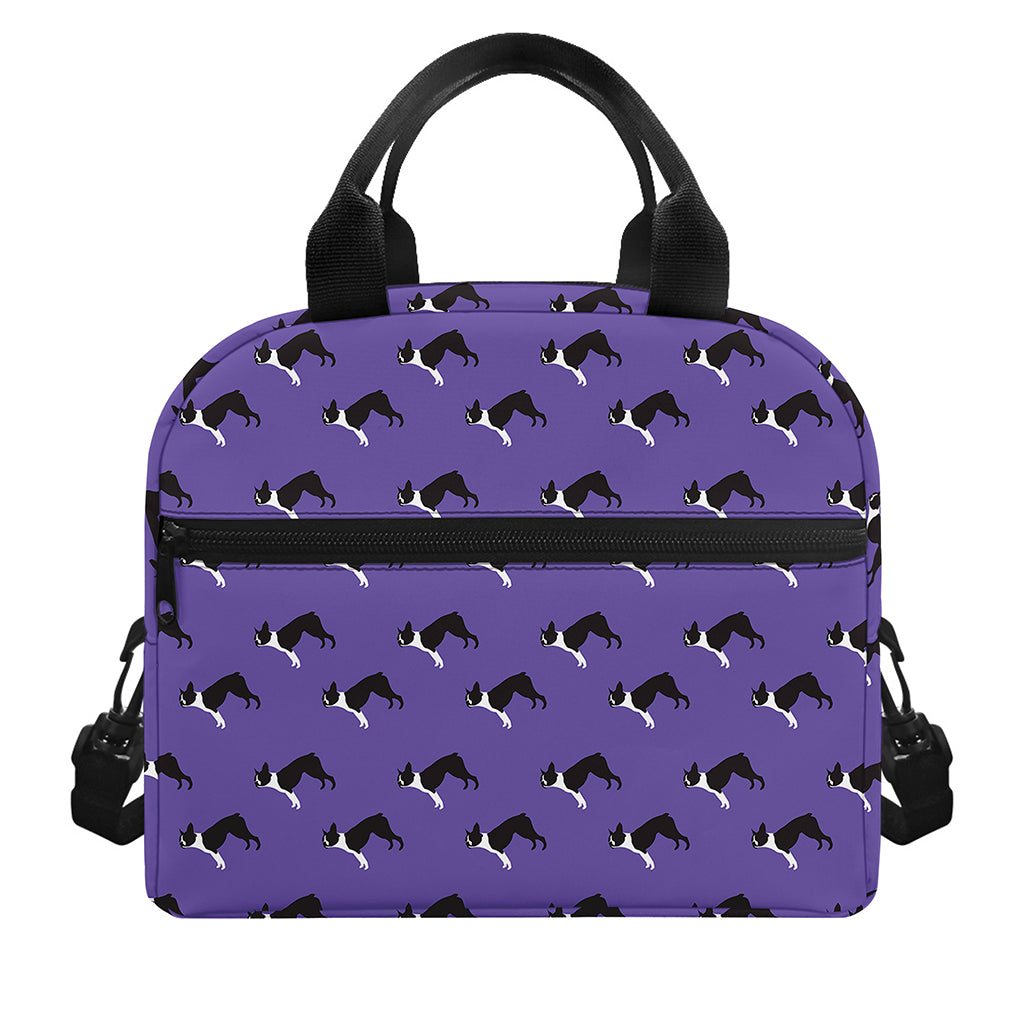 Purple Boston Terrier Pattern Print Insulated Lunch Bag