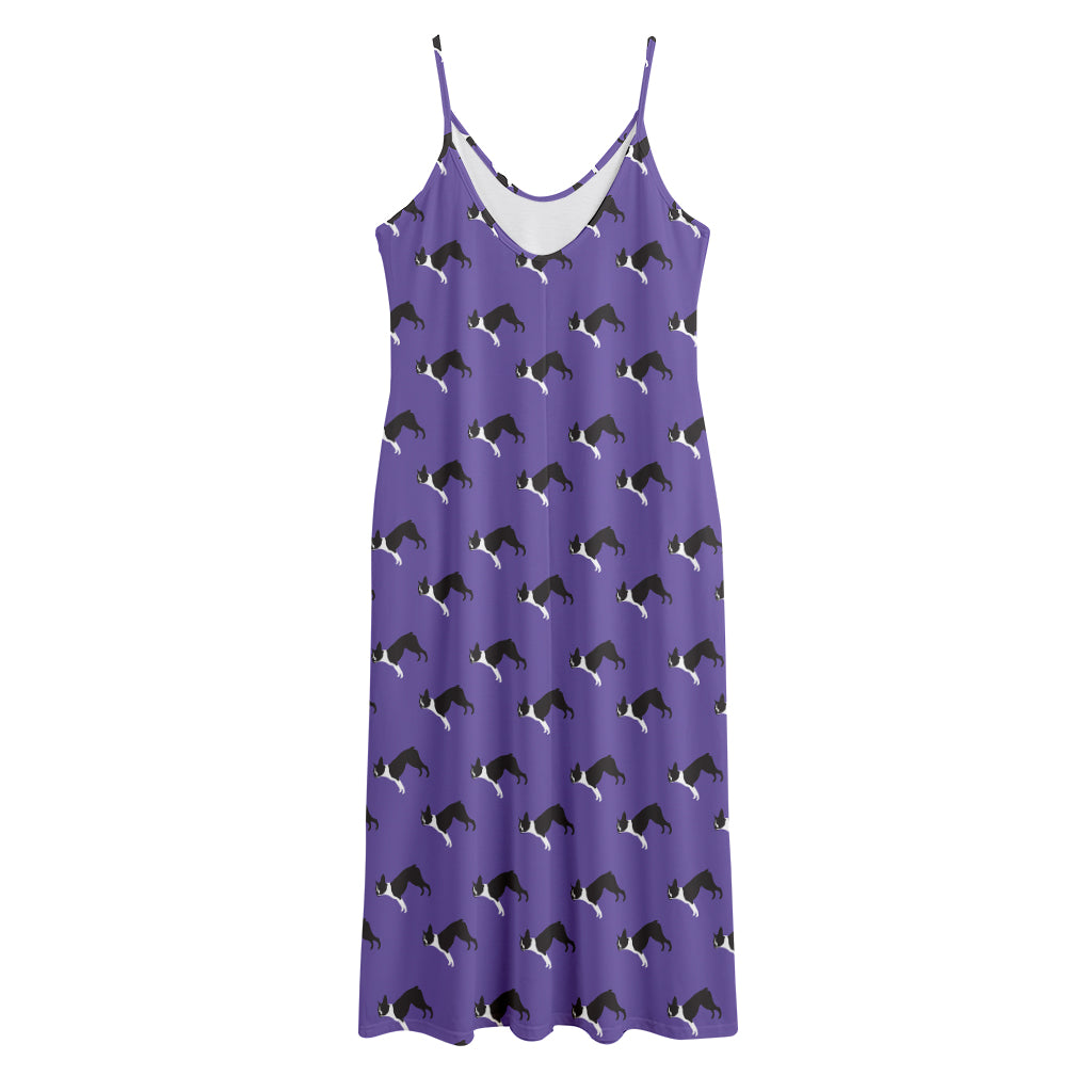 Purple Boston Terrier Pattern Print Jersey Midi Cami Dress