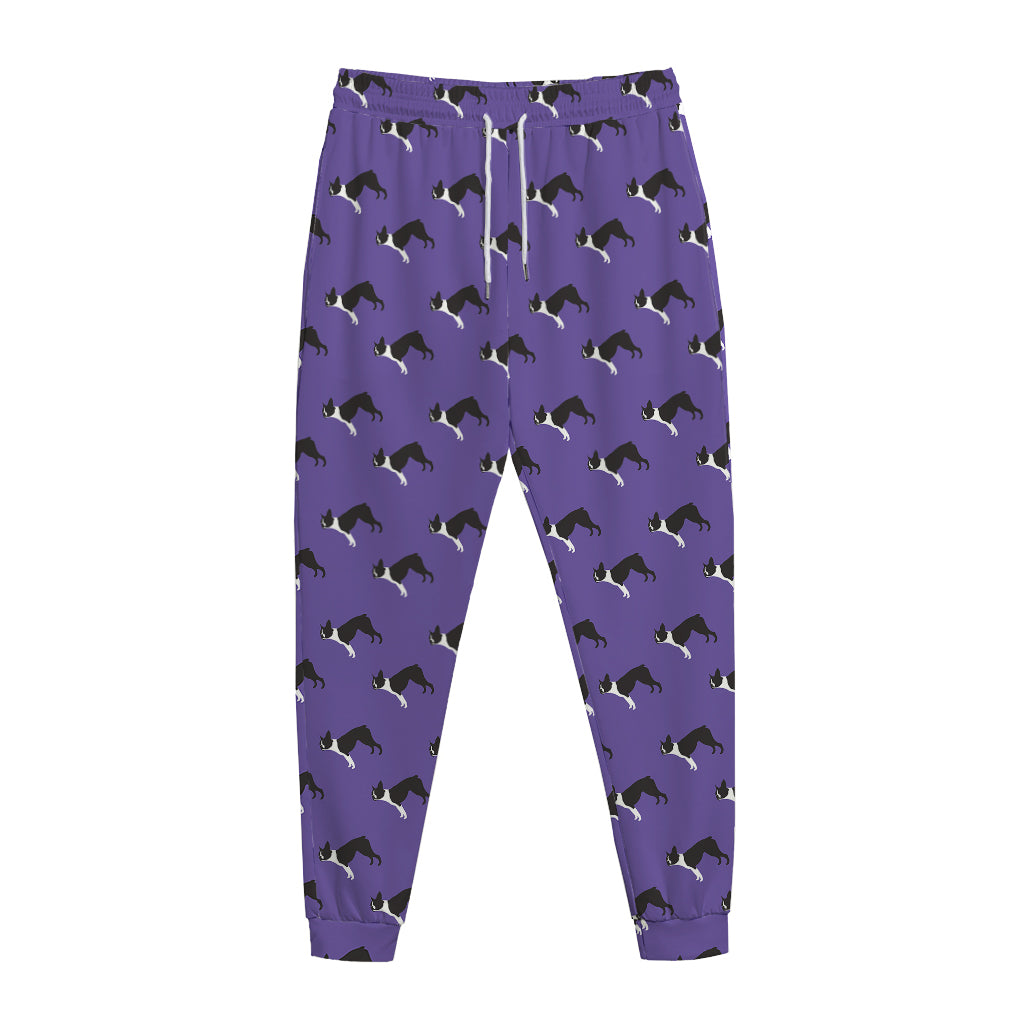 Purple Boston Terrier Pattern Print Jogger Pants