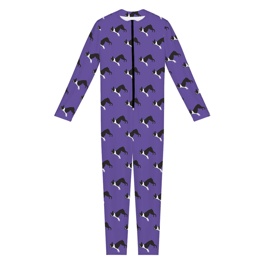 Purple Boston Terrier Pattern Print Jumpsuit